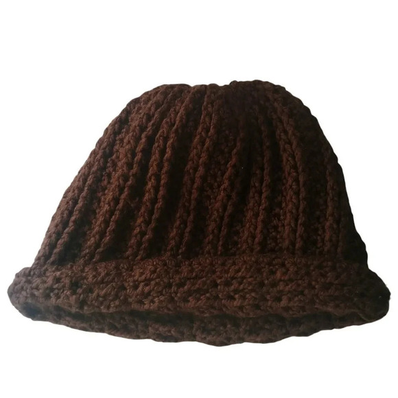 Handmade Ribbed  Acrylic Tuque Brown Beanie Very Warm Knitted - Picture 2 of 4